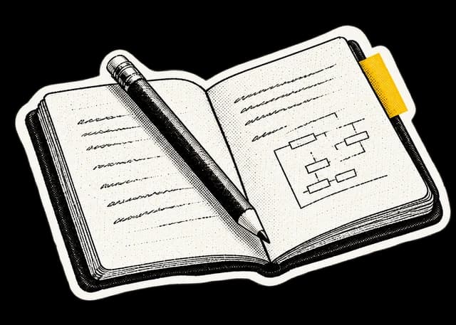 A paper-cut notebook and pencil with a yellow page tab